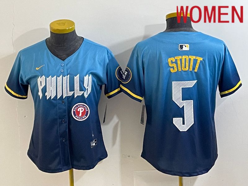 Women Philadelphia Phillies #5 Stott Blue City Edition Nike 2024 MLB Jersey style 5